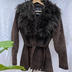 Y2k Brown Faux Fur Genuine Leather Coat with fur collar